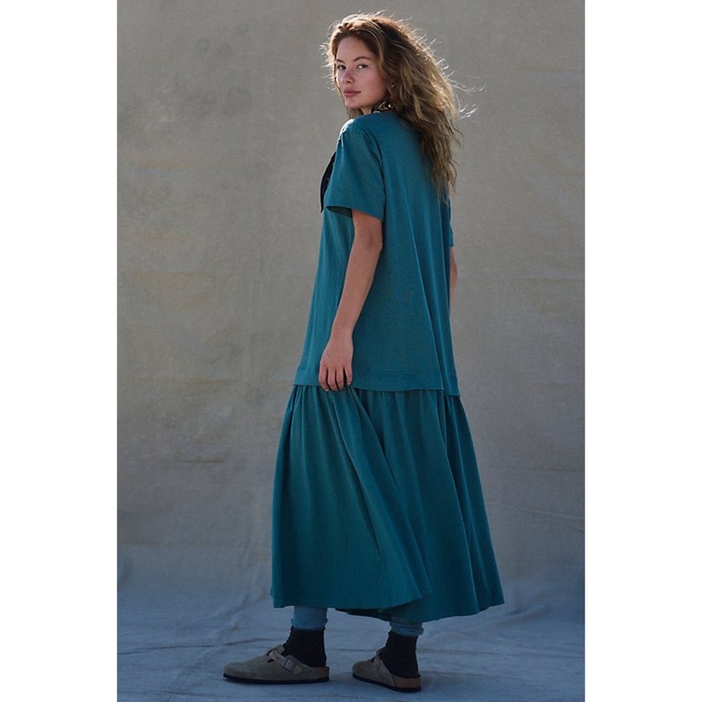 Free People Herron Drop-Waist Maxi Dress Teal Green Cotton Scoop Neck Small